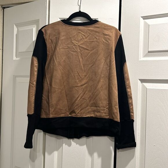 NWT DREW Black Cardigan w/ Tan Foil Suede sleeve patches and Back, Size XL - Picture 6 of 8